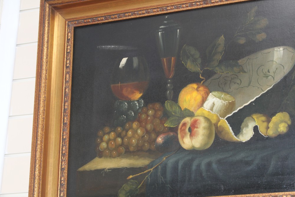 Dutch School, two oils on canvas, Still lifes in the 17th century style, indistinctly signed, 44 x 59cm and 63 x 48cm